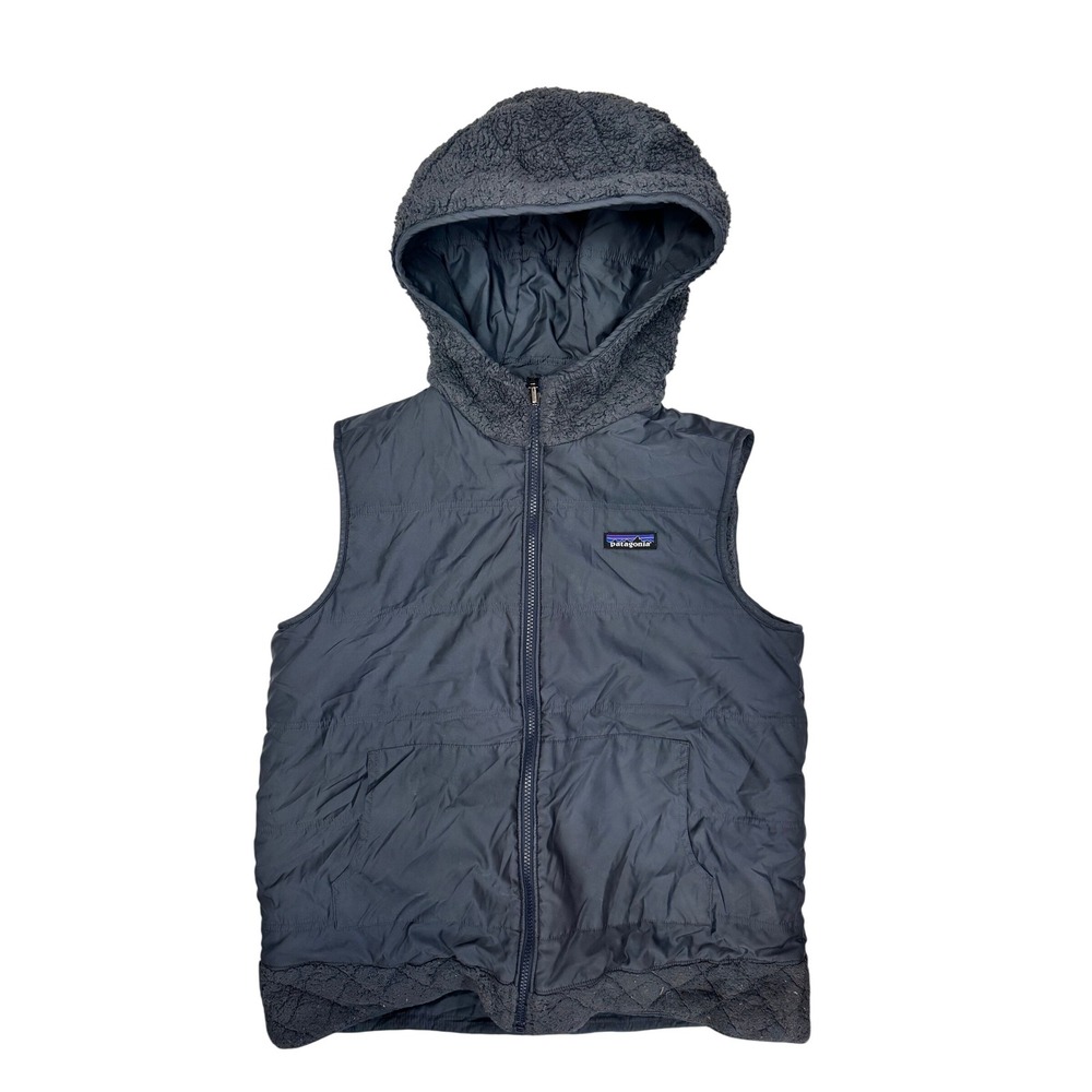 Patagonia Los Gatos Reversible Hooded Vest Blue Quilted Fleece Full Zip Womens S